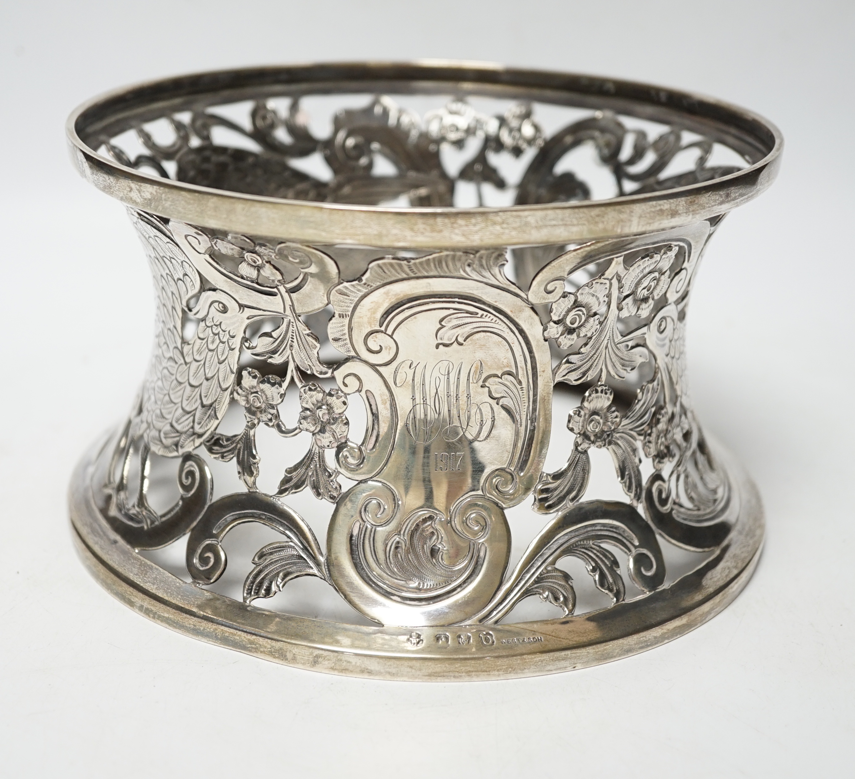 A George V Irish silver dish ring, West & Son, Dublin, 1917, top diameter 18.2cm, 9.8oz.